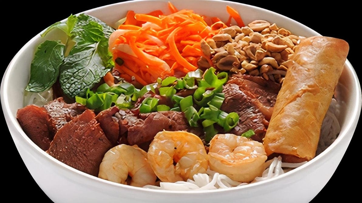 Shrimp, BBQ Pork, and Egg Roll Vermicelli.