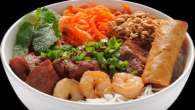 Shrimp, BBQ Pork, and Egg Roll Vermicelli.